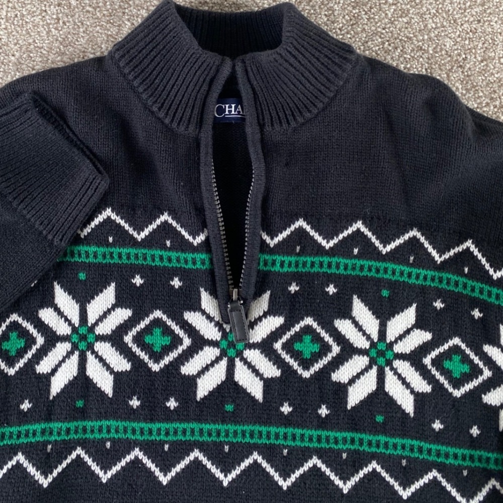 Chaps Men XL Quarter Zip Sweater Black Fair Isle Christmas Snowflake 100% Cotton